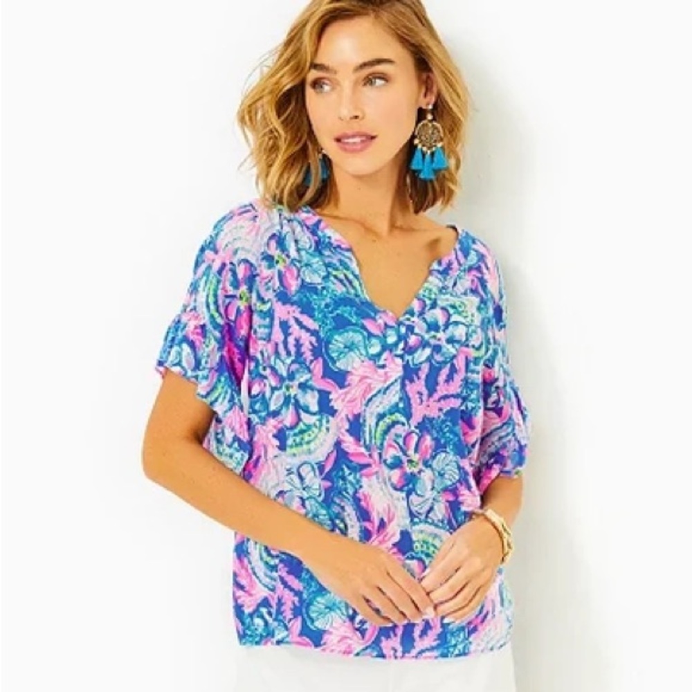 NWT Lilly Pulitzer Quinna Top XS Blue Tang & Pink Tropical Floral
